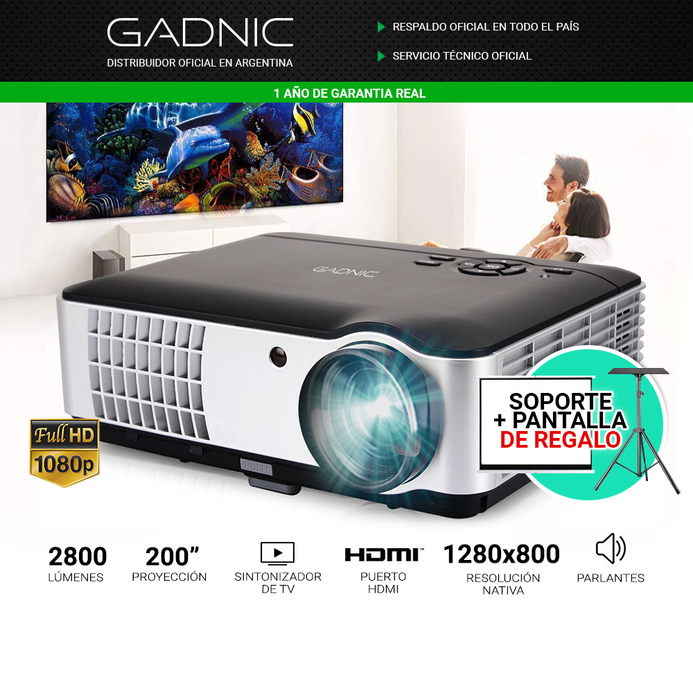 Proyector Gadnic Panoramic 2800 Lumenes + Pantalla 100" + Trípode ...